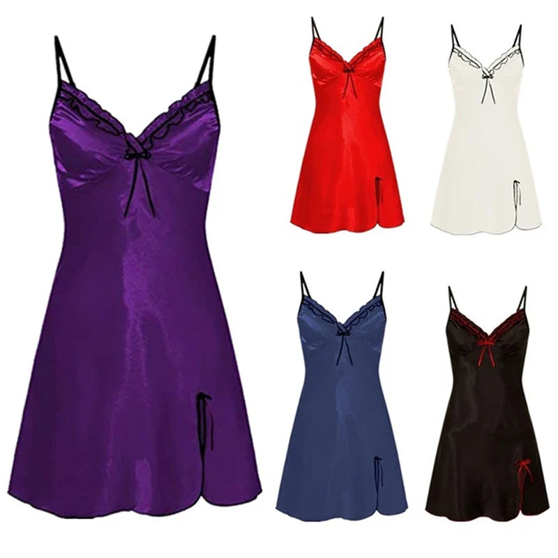 Women's Sexy Lace Sling Nightdress - V-Neck Sleepwear with Lace-Up Cutout Flower Design, Silky Comfortable Nightwear