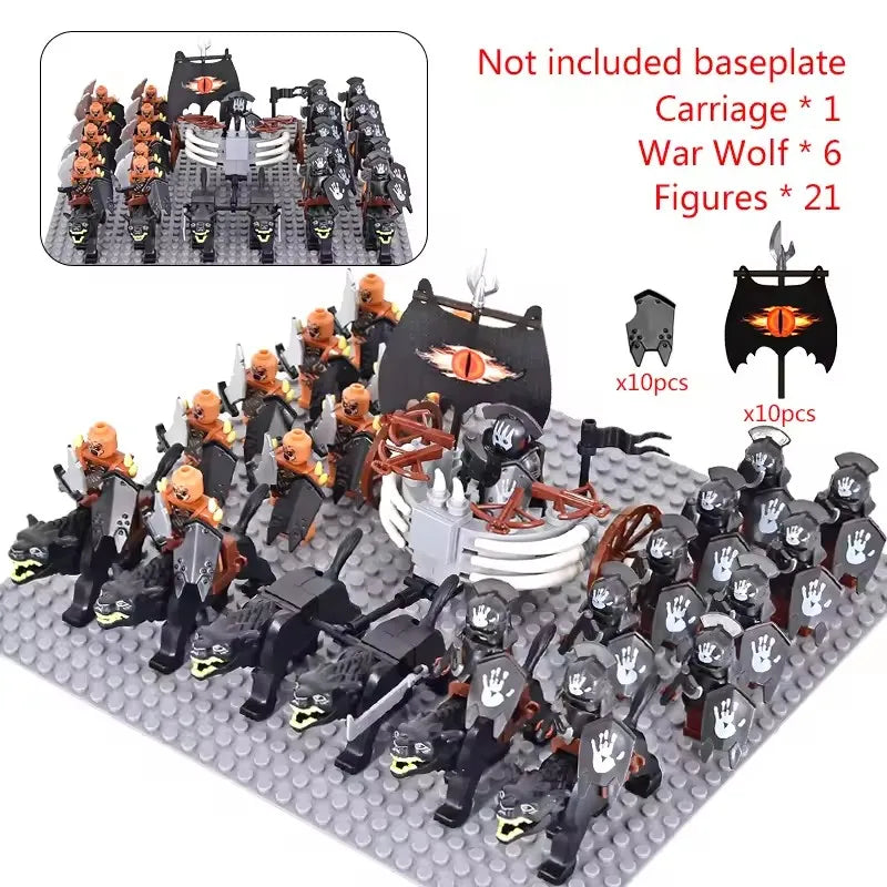 MOC Medieval LOTR Figures — Black Wolves & Mounted Chariots Action Dolls, Assembled Brick Building Blocks Toy