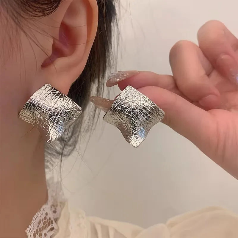 PANJBJ925 Sterling Silver Hoop Earrings - Frosted Geometric Design Fashion Jewelry Gift for Women