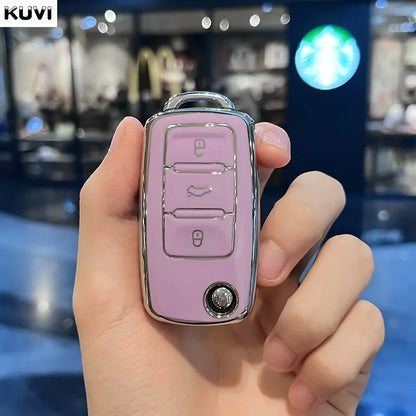 Leather TPU Car Key Case Cover for Volkswagen & Skoda – Fits Polo, Golf, Passat, Tiguan, Beetle, Caddy, T5, Up, Eos, Octavia, Seat Leon, Altea