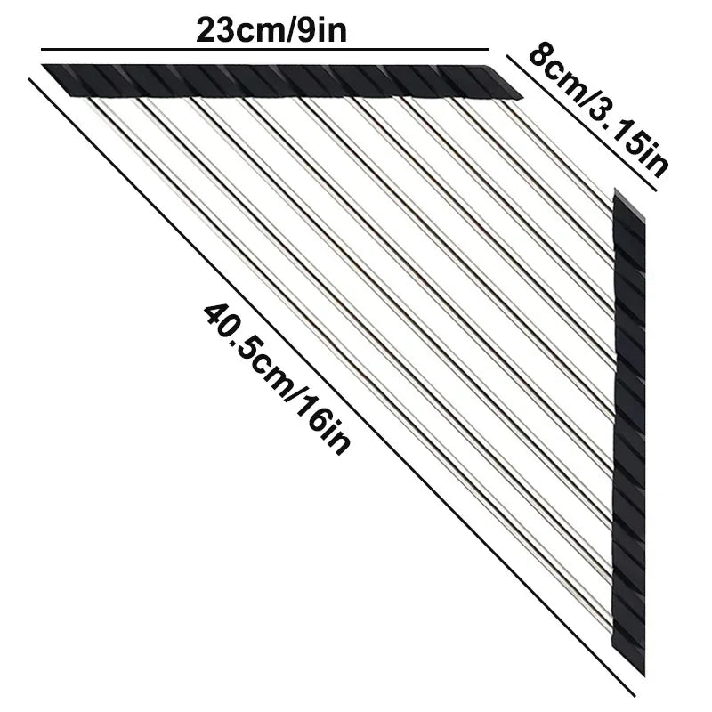 Roll-Up Triangle Dish Drying Rack – Foldable Stainless Steel Kitchen Sink Organizer, Sponge & Rag Holder