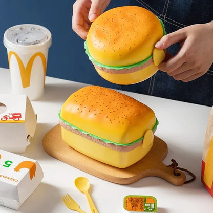Cute Double Tier Hamburger Lunch Box - Microwaveable Bento Box for Children's School Meals with Fork Tableware Set