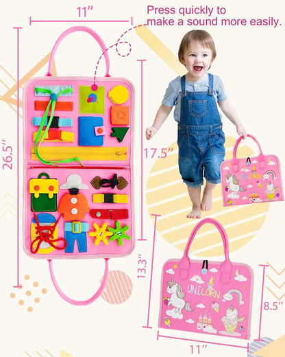 Toddler Montessori Busy Board – Dinosaur Dress-Up, Learning & Sensory Activities, Travel Toy & Life Skills Backpack