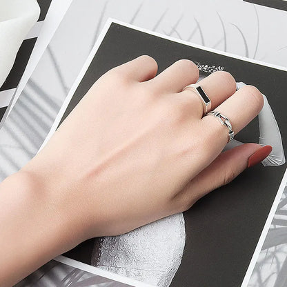 CIAXY Geometric Black Rectangular Ring - Adjustable Unisex Silver-Tone Fashion Jewelry