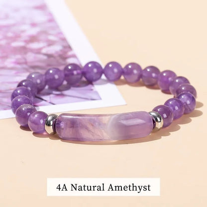 JD Natural Stone Tiger Eye & Amethyst Rectangle Bar Charm Bracelet – Healing Crystal Rough Chakra Jewelry for Men & Women Elastic Wrist Band