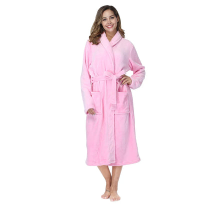 RONGTAI Women's Solid Color Lapel Bathrobe - Warm, Comfortable Long-Sleeved Robe for Autumn and Winter Homewear