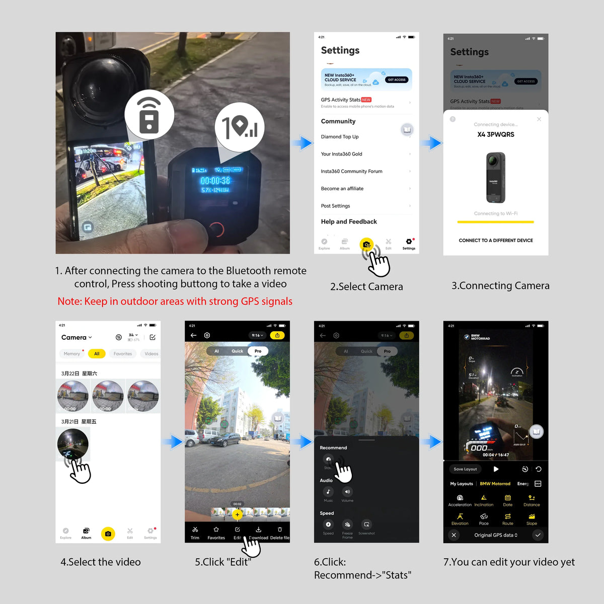 Bluetooth Remote Control with Built-in GPS for Insta360 X5 & Ace Pro 2 – Wristband & Bicycle Mount Action Camera Accessory