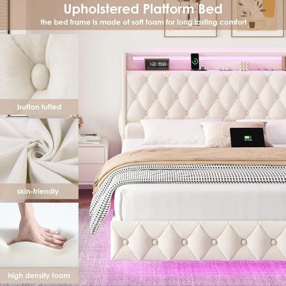 Floating Queen Size Bed Frame – Modern Upholstered Platform Bed with LED Lights, USB Charging Headboard & Velvet Fabric