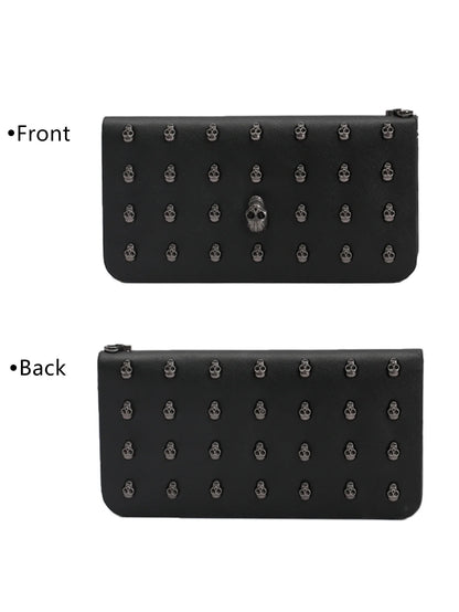 Women's Gothic Skull Head Long Wallet – Black Handheld Mobile Wallet with Wrist Strap & Card Clip