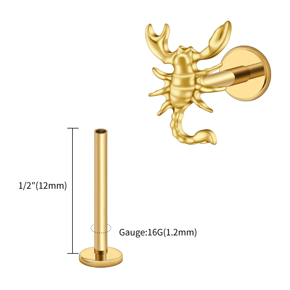 Right Grand ASTM F136 Titanium 16G Scorpion Labret Stud Earring – Flatback Zodiac Design for Tragus, Helix & Cartilage Piercing Body Jewelry