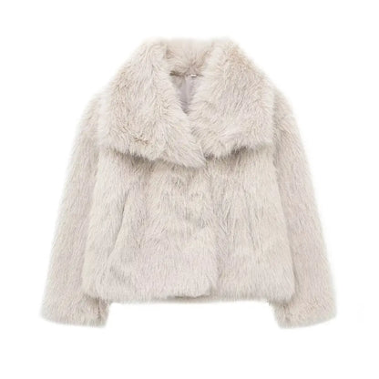 TRAF 2024 Women's Cropped Faux Fur Jacket – Chic Lapel Collar, Long Sleeve, Front Snap-Button Thick Coat