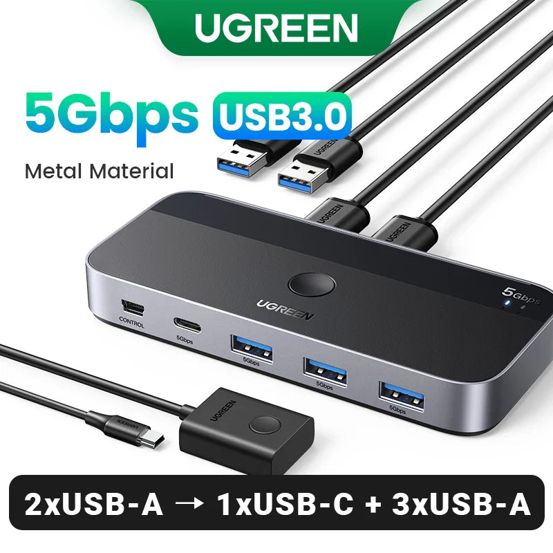 UGREEN USB 3.0 KVM Switch –  4 Devices Sharing Switcher for Keyboard, Mouse & Printer Control, High-Speed USB Hub Selector