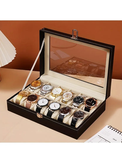 12-Slot Watch Organizer Display Case — Synthetic Leather Storage with Lock & Removable Pillows for Men, Travel & Gifts