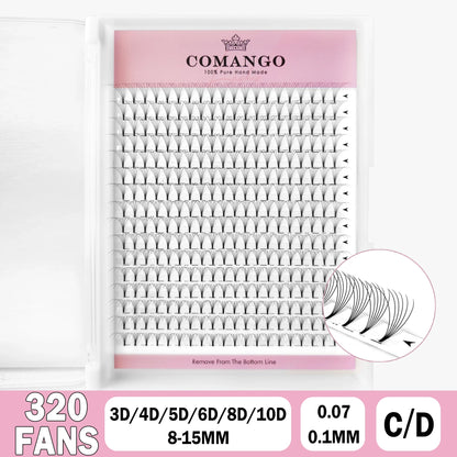 CoMango Wispy Premade Volume Lash Fans – 3-10D Individual Short Stem Faux Mink Russian Eyelash Extensions, 320 Fans