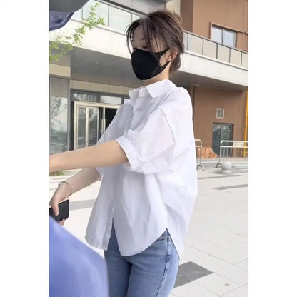 2025 Women’s Cotton Mid-Sleeve Loose Blouse – Casual Irregular Summer Shirt Korean Fashion