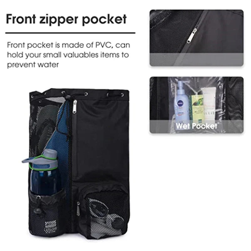 Swim Gear Mesh Backpack with Wet Pocket - Multipurpose Drawstring Beach Bag for Swimming, Gym and Workout Essentials