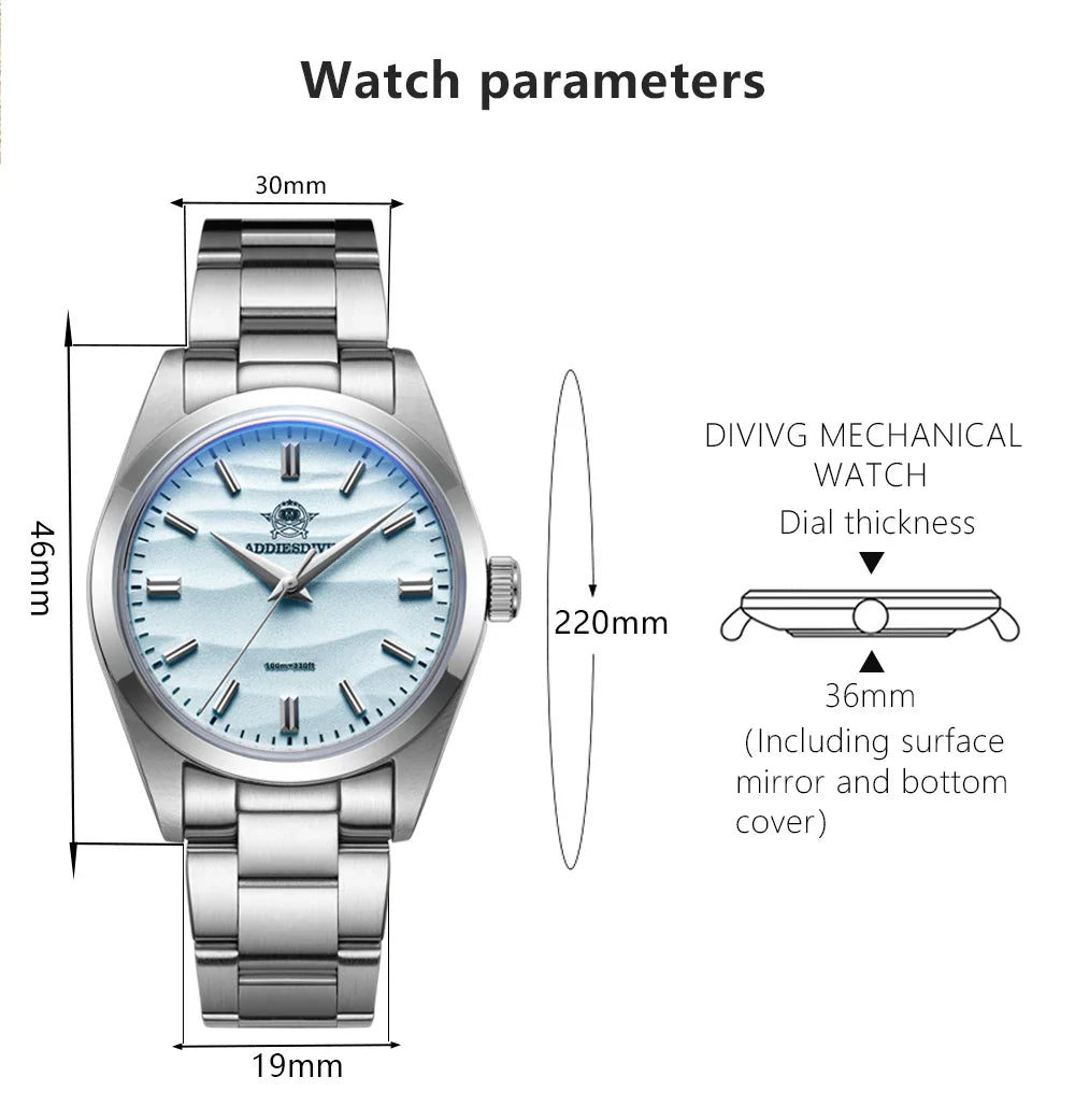 ADDIESDIVE AD2030 Men’s Quartz Watch — 36MM Simple Steel Dive Wristwatch, 10Bar Waterproof, Bubble Mirror Glass Sports Timepiece