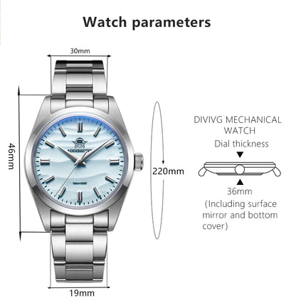 ADDIESDIVE AD2030 Men’s Quartz Watch — 36MM Simple Steel Dive Wristwatch, 10Bar Waterproof, Bubble Mirror Glass Sports Timepiece