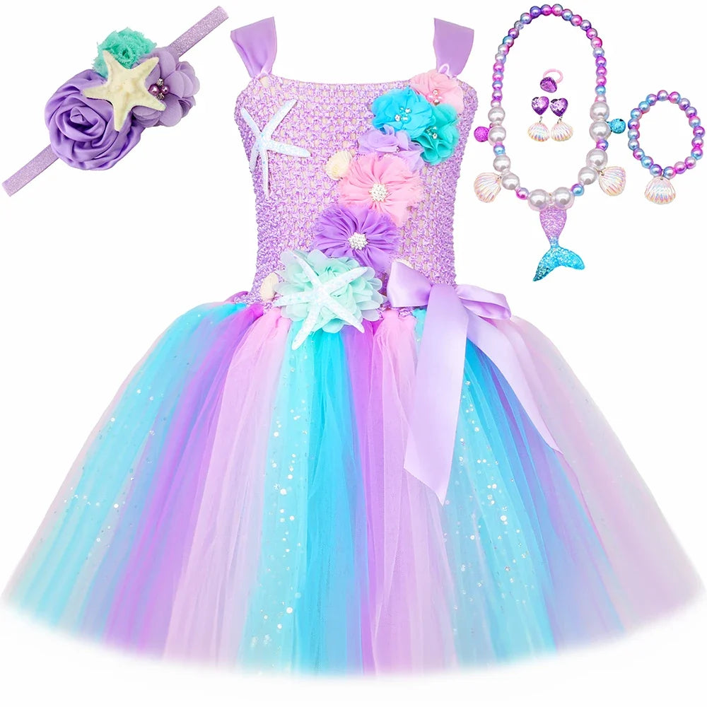 Princess Mermaid Dress for Girls - Pastel Floral Tutu Party & Halloween Costume Dress