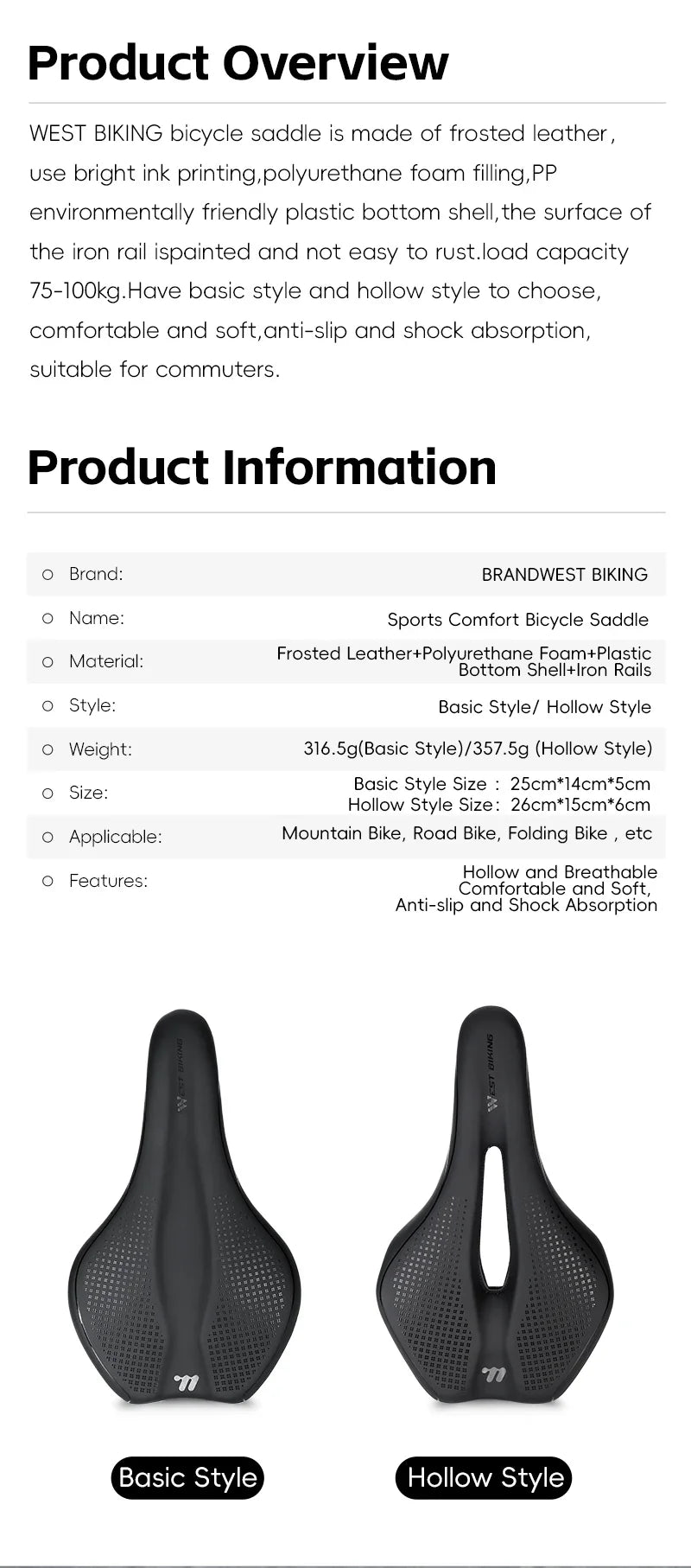 WEST BIKING Bicycle Saddle — Comfortable Hollow PU Leather Bike Seat | Wear-Resistant Road Cycling Cushion