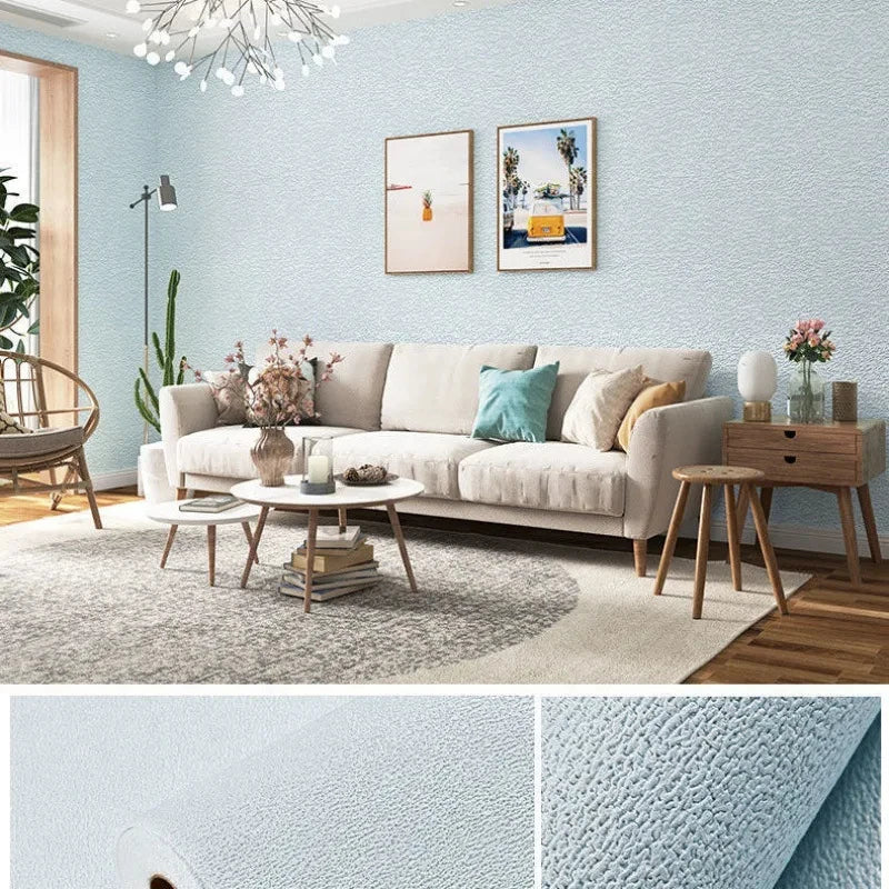 Linen 3D Foam Self-Adhesive PVC Wallpaper - Solid Color, Thickened Waterproof Wall Stickers for Home Renovation & Decor