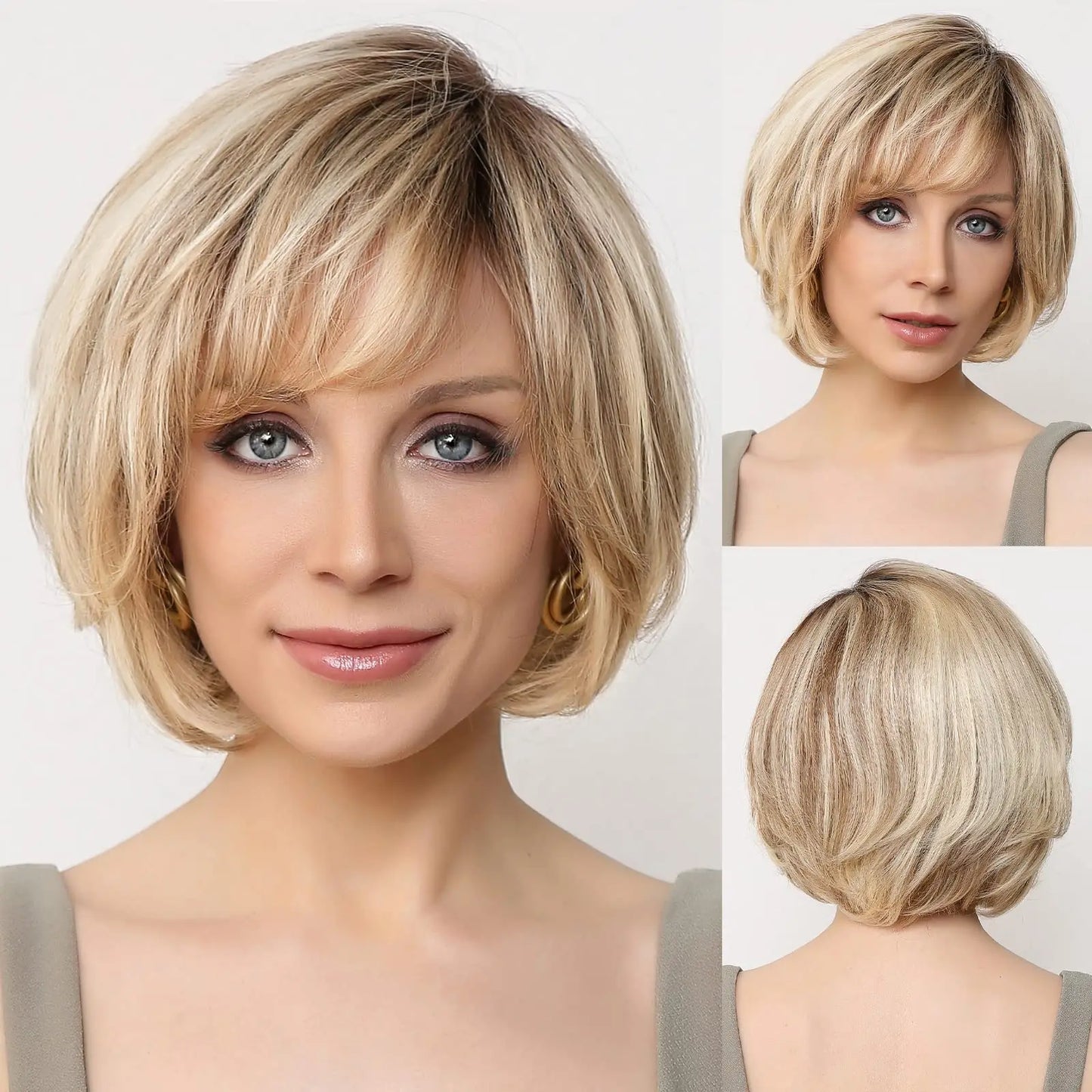 Brown Blonde Mixed Ombre Lace Front Wig – Short Wavy Bob Golden Blonde Remy Human Hair for White Women Daily Use