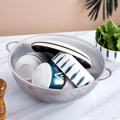 Stainless Steel Drain Basket Colander – Fruit, Vegetable & Rice Strainer with Handle for Kitchen