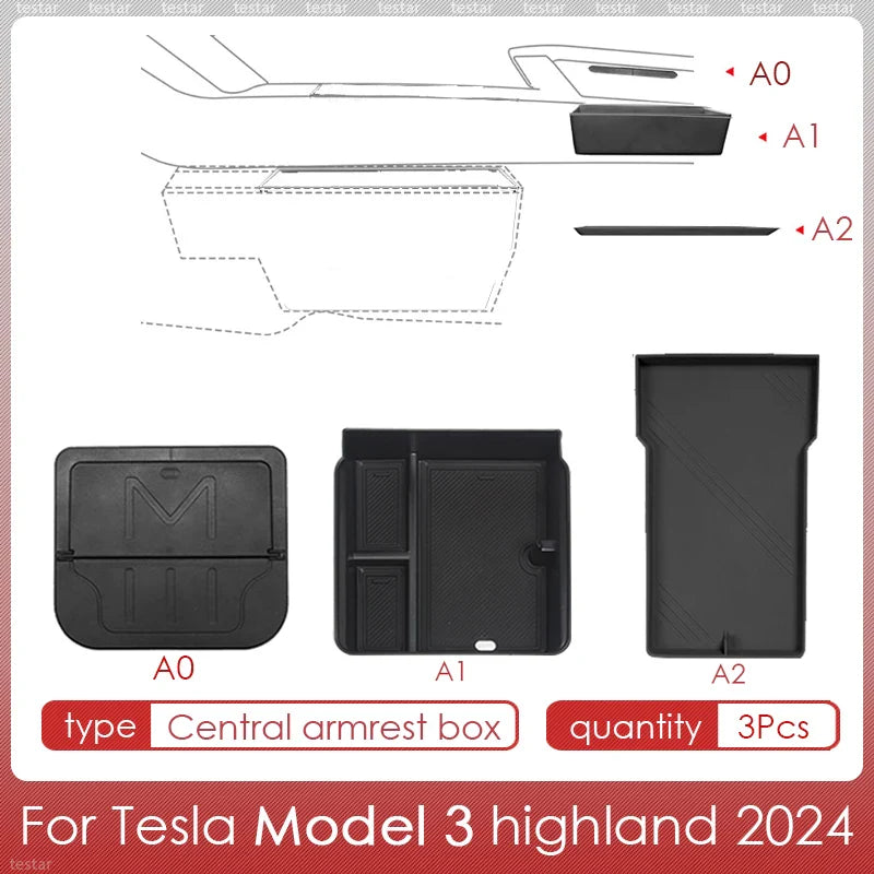 Tesla Model 3 Highland 2024 Center Console Storage Box – Armrest Organizer Accessory for Model 3 Stowing & Tidying
