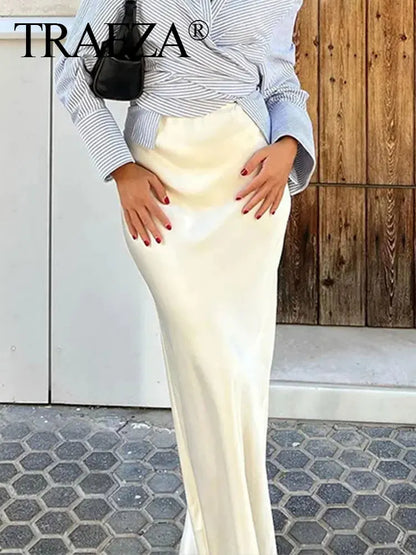 TRAFZA 2024 Y2K Women’s Long Skirt – Elastic High-Waist A-Line Satin Skirt for Spring Casual & High Street Fashion