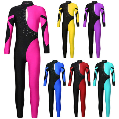 Kids Girls Long Sleeve Rhinestone Bodysuit — Full Body Dancewear Gymnastics Leotard Skating Jumpsuit