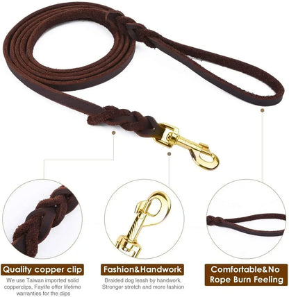 Genuine Leather Dog Leash – Braided Walking & Training Lead for Medium & Large Dogs, Brown & Black