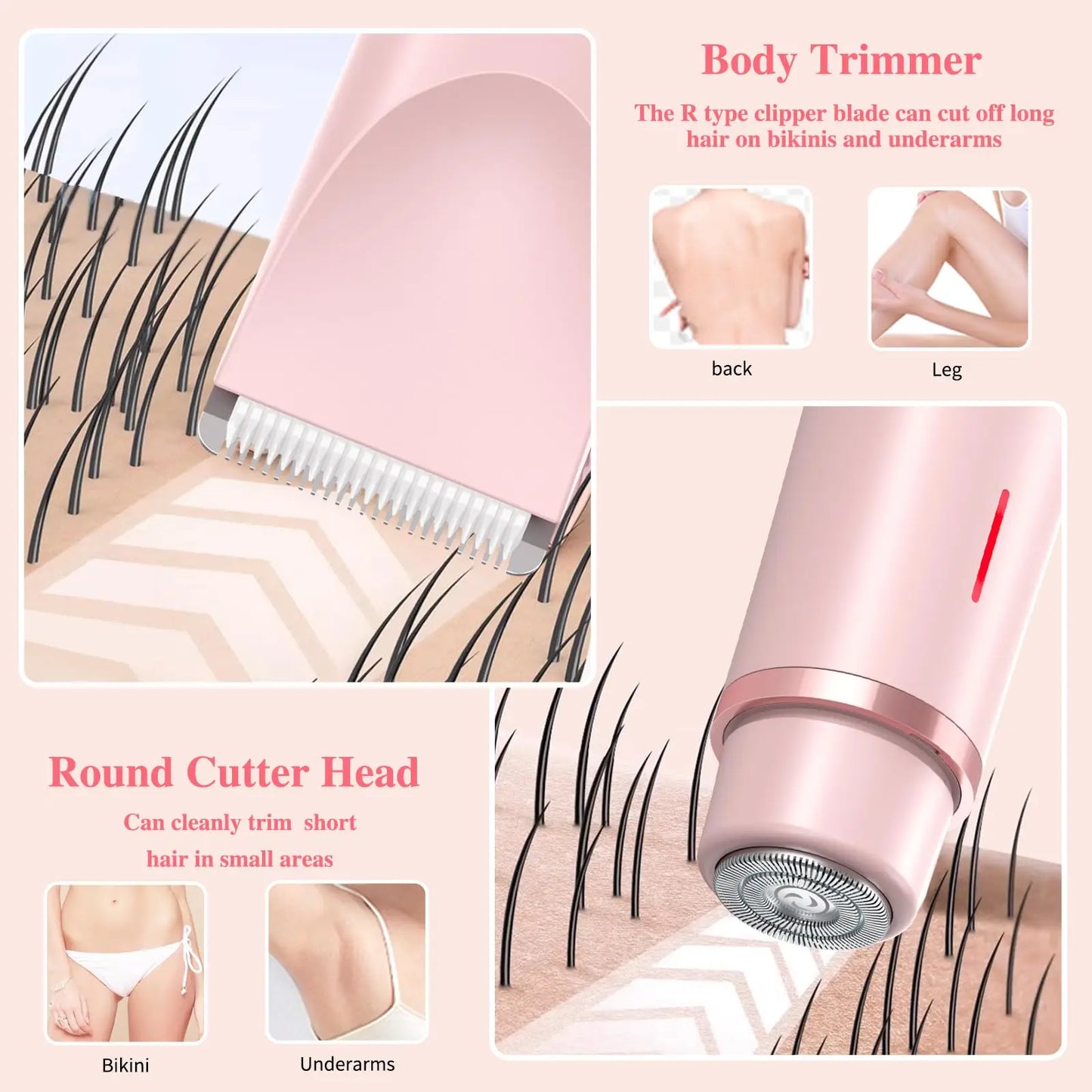 2-in-1 Dual-Head Electric Razor for Women – Painless Bikini Trimmer Wet & Dry Use with Detachable Heads