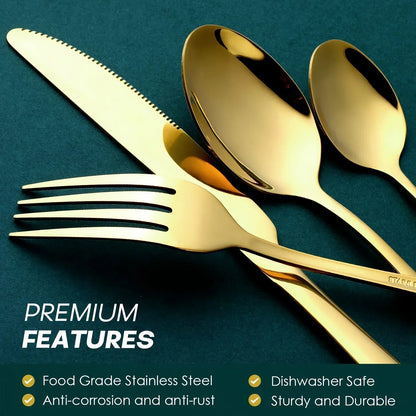 24-Piece Stainless Steel Black Flatware Set — Elegant Knife, Fork & Spoon Cutlery with Mirror Polish, Gold Accents, Dishwasher Safe