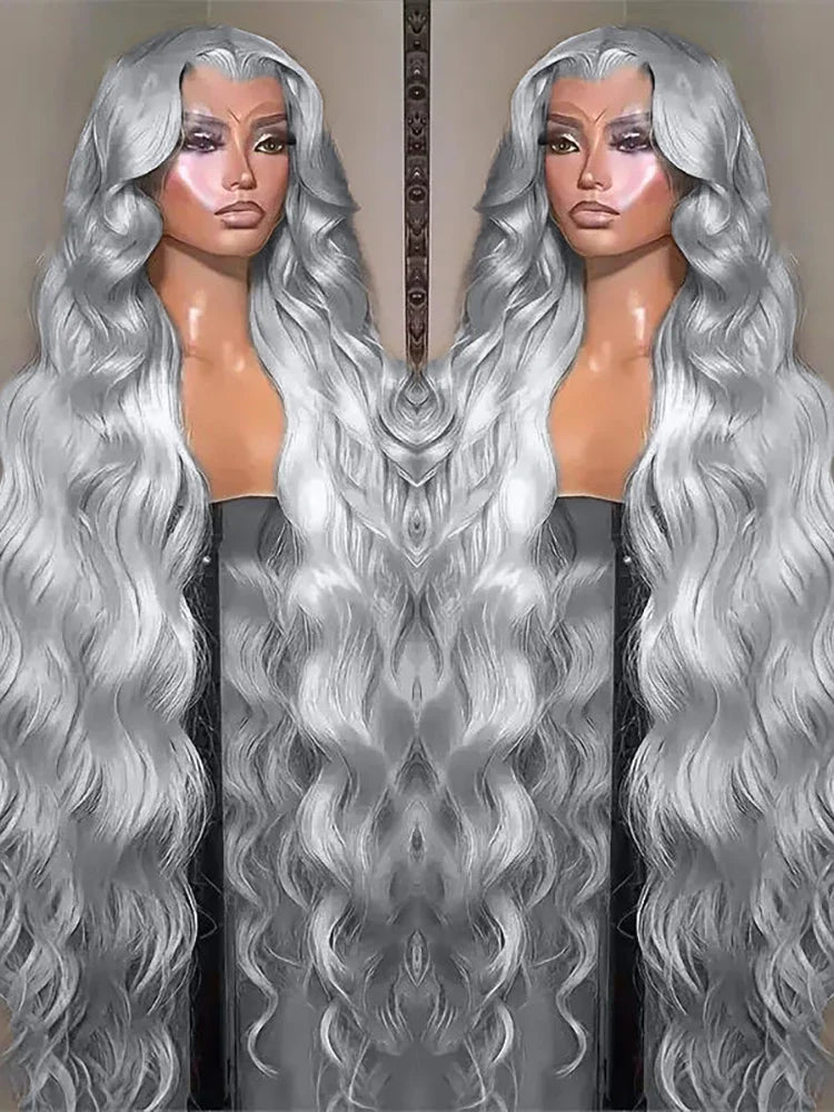 13x6 Silver Grey Body Wave Lace Front Wig – 100% Human Hair, Preplucked 13x4 Lace Frontal Brazilian Wig, 36 Inch