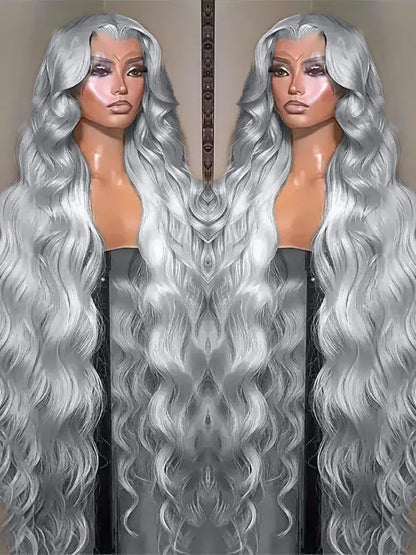 13x6 Silver Grey Body Wave Lace Front Wig – 100% Human Hair, Preplucked 13x4 Lace Frontal Brazilian Wig, 36 Inch