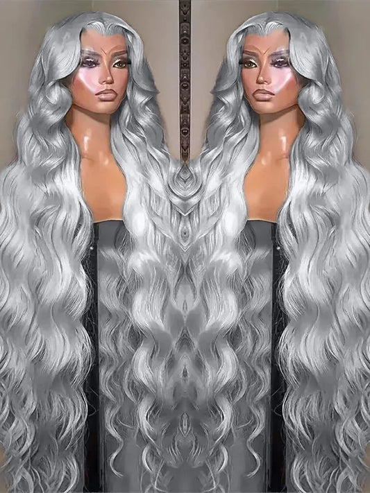 13x6 Silver Grey Body Wave Lace Front Wig – 100% Human Hair, Preplucked 13x4 Lace Frontal Brazilian Wig, 36 Inch