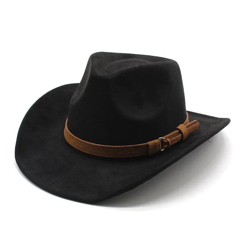 Unisex Black Suede Cowboy Hat – Western Gentleman Jazz Sombrero for Men & Women, Size 56-58cm