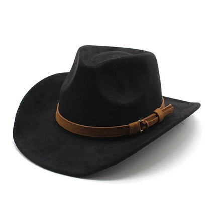 Unisex Black Suede Cowboy Hat – Western Gentleman Jazz Sombrero for Men & Women, Size 56-58cm