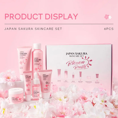 6PCS Sakura Skincare Set – Face Cream, Serum, Toner, Cleanser, Sunscreen & Eye Cream in Gift Box