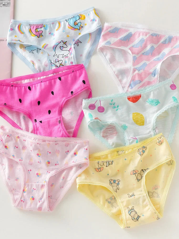 Girls 100% Cotton Cartoon Briefs - Cute Lace Trim Kids Underwear Shorts