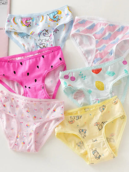 Girls 100% Cotton Cartoon Briefs - Cute Lace Trim Kids Underwear Shorts