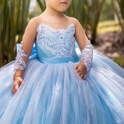 Flower Girl Wedding Dress - Long Sleeve Satin Bow Ball Gown for Toddlers & Girls