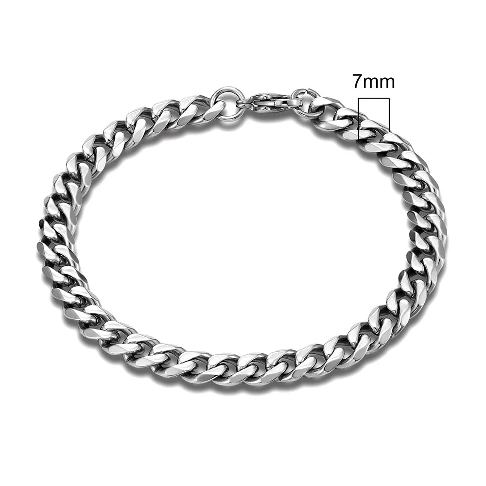 MKENDN Punk Rock Stainless Steel Cuban Curb Link Chain Bracelet – 3–11mm Silver Biker Jewelry for Men & Women