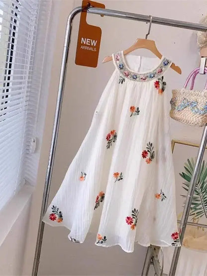 Summer Girls Bohemian Halter Neck Dress – Floral Embroidered Sleeveless Mesh Layered Dress