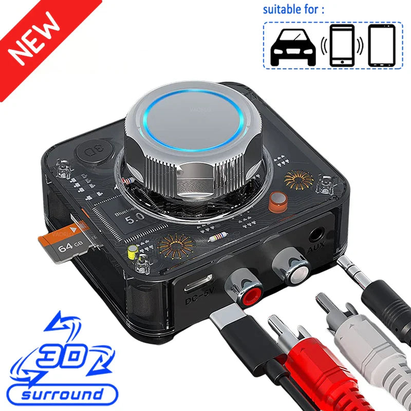 Bluetooth 5.0 Audio Receiver Wireless Adapter | 3D Stereo Music, TF Card, RCA & 3.5mm AUX for Car, Speaker, Amplifier, Headphones
