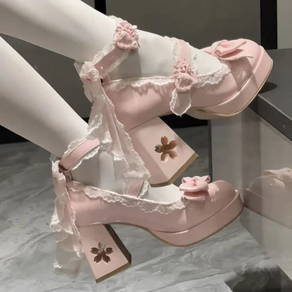 Lolita Butterfly Knot High Heels – Cute Platform Mary Jane Shoes for Girls, Students & Sakura Wedding Dress