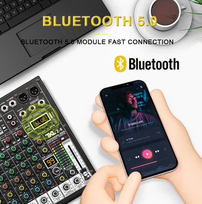 TKLBLS Professional 6 Channel Audio Mixer – 99 DSP Effects, 48V Phantom Power, USB, Bluetooth DJ Console for Studio & Karaoke