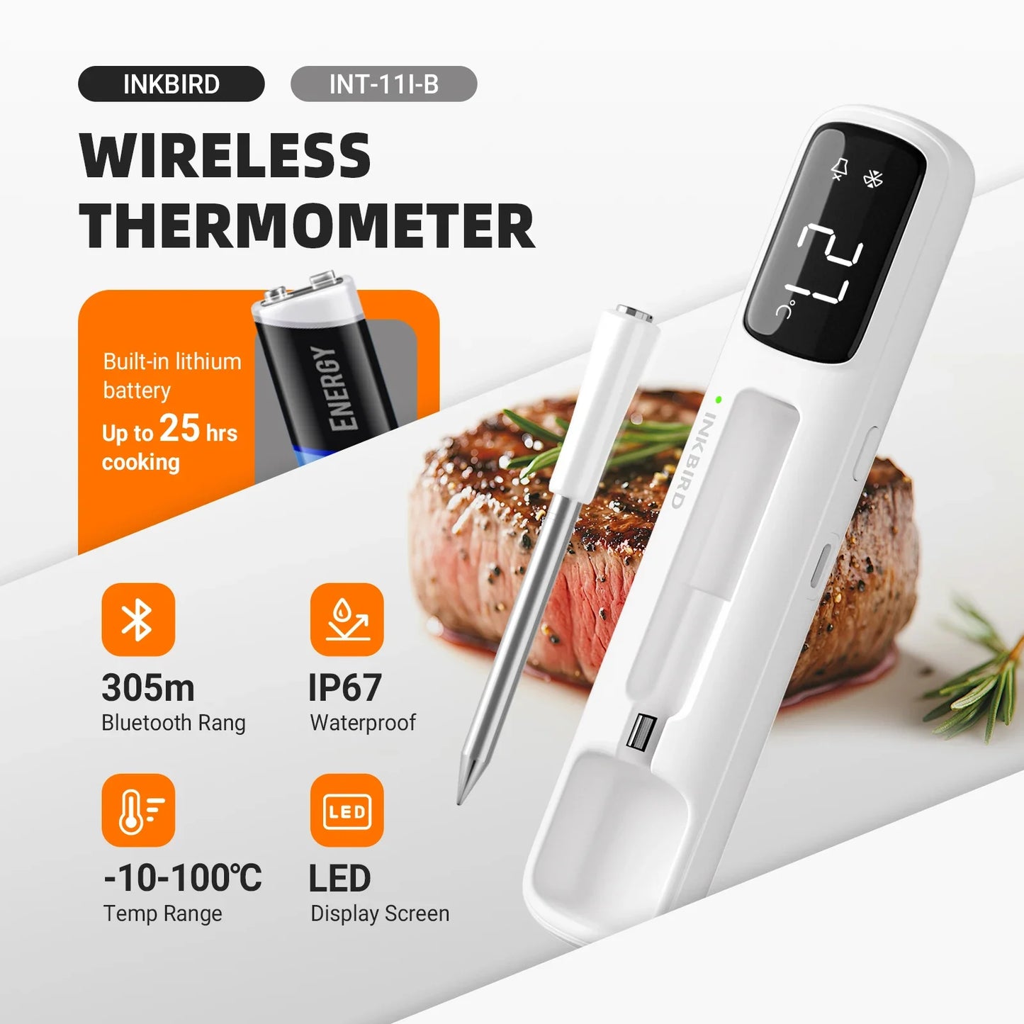 INKBIRD INT-11I-B Mini Wireless Meat Thermometer — Bluetooth 5.4, 1000ft Range, 1s Response, IP67, 26 Presets with LED Display for BBQ & Grill