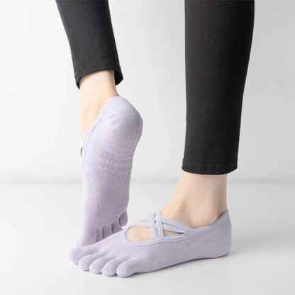 Women's Anti-Slip Pilates Socks - Five Toe Silicone Non-Slip Yoga and Ballet Dance Socks, Cotton Fitness Sports Socks