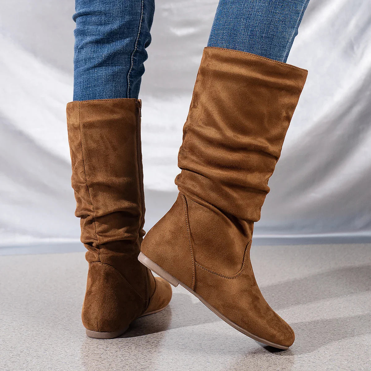 Pleated PU Women’s Fashion Boots – Casual Side-Zip Round Toe Flat High Solid Color Boots